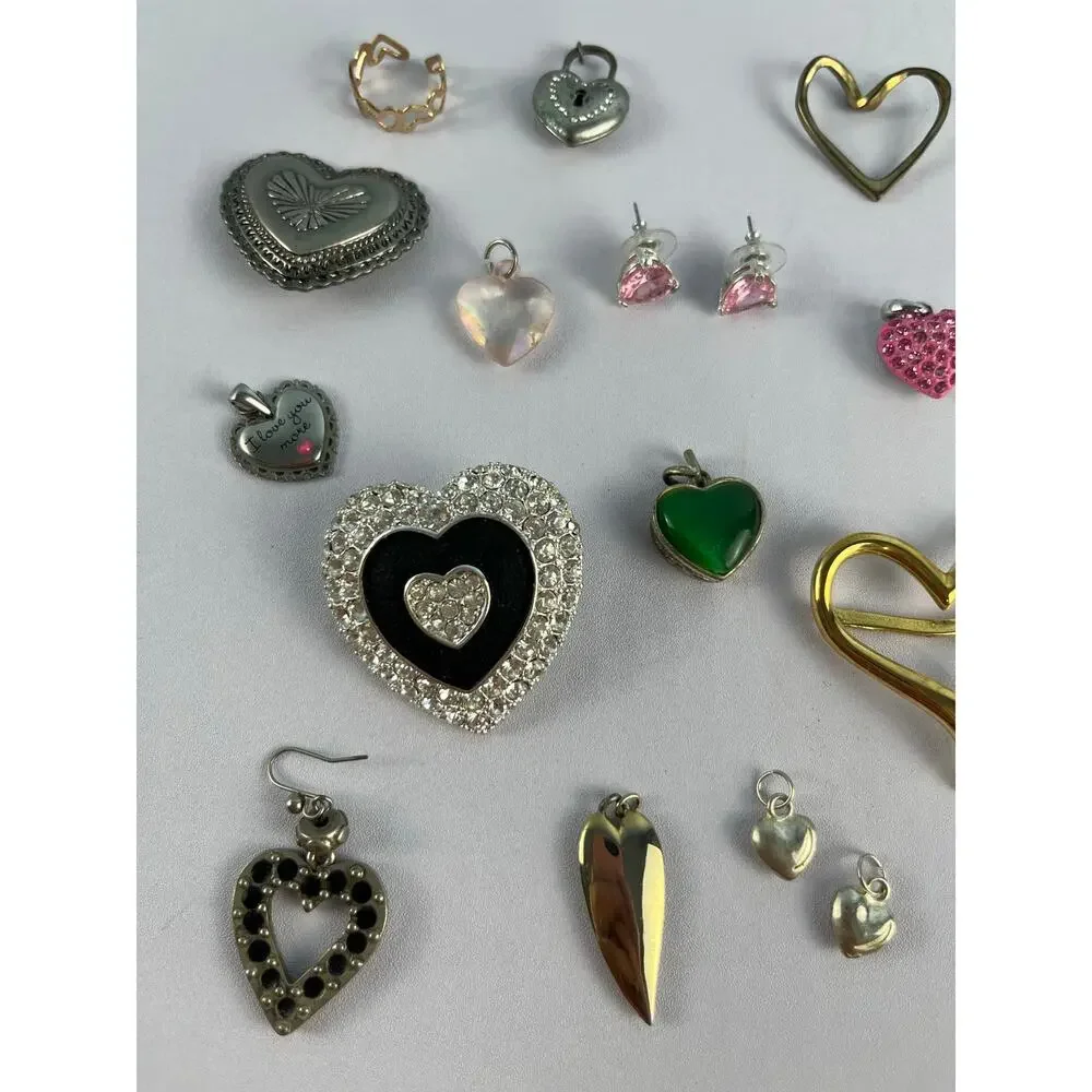 Y2K VTG and Modern Heart Jewelry Lot Rhinestone Pendants Earrings Brooches Craft